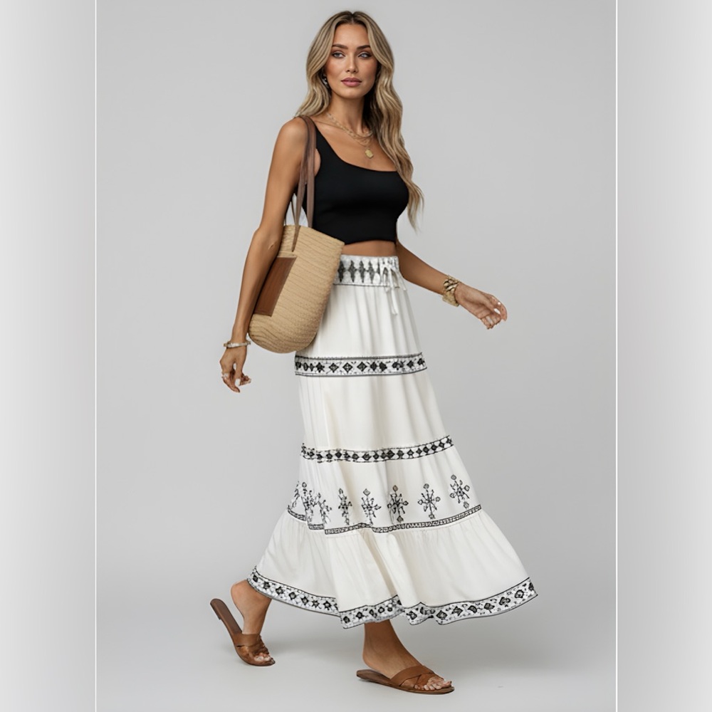 Boho Print Shirred waist Maxi Skirt Off White - Picture 4 of 7